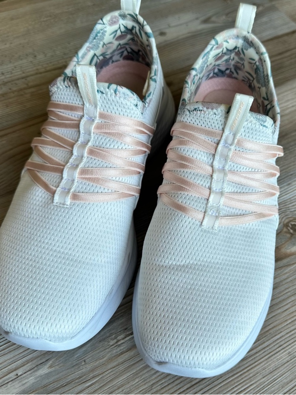 Skechers Slip-On Knit Sneakers in White with Pale Pink Elastic Straps